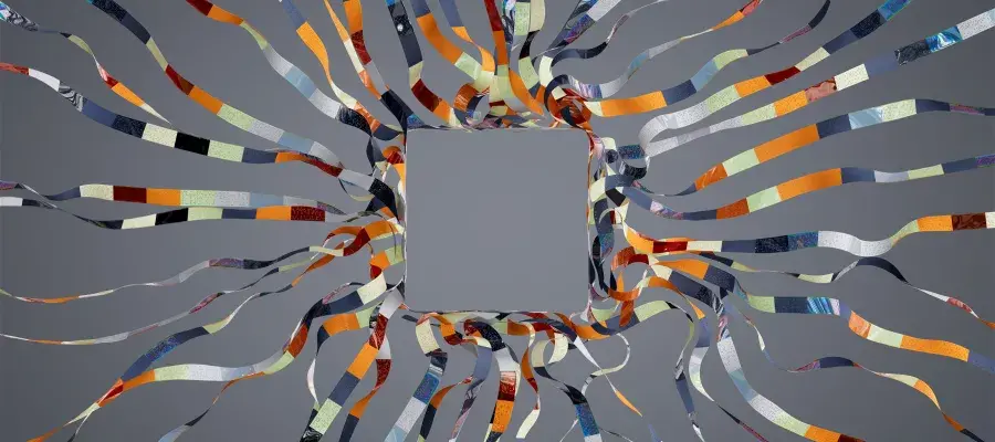 An artist's illustration of artificial intelligence (AI) depicting a hollow square with multicoloured ribbons coming out from it. This image visualises the benefits and flaws of large language models